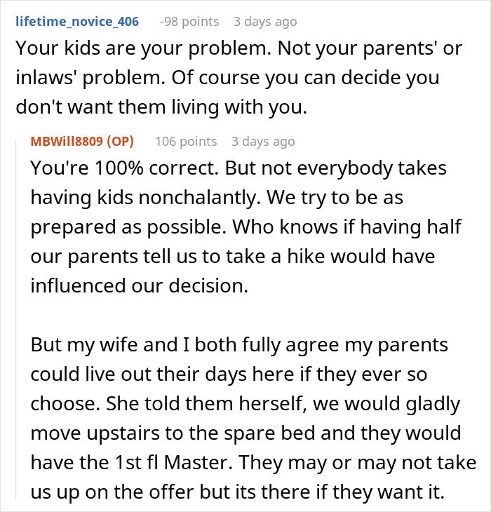Reddit discussion about in-laws refusing childcare help and wanting to move in despite family disagreements.