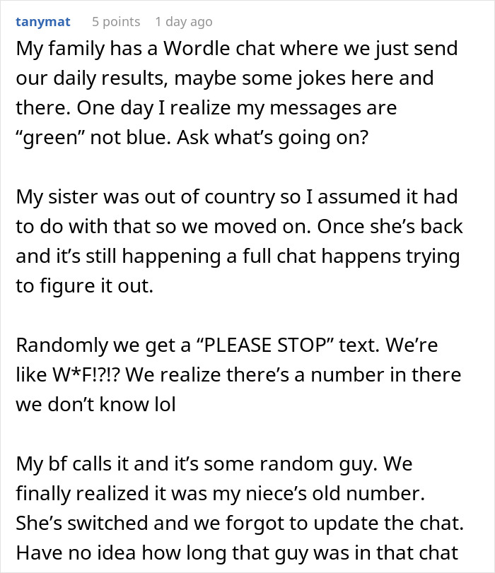 Screenshot of a Reddit post describing being accidentally added to a random family group chat and confusion over messages.