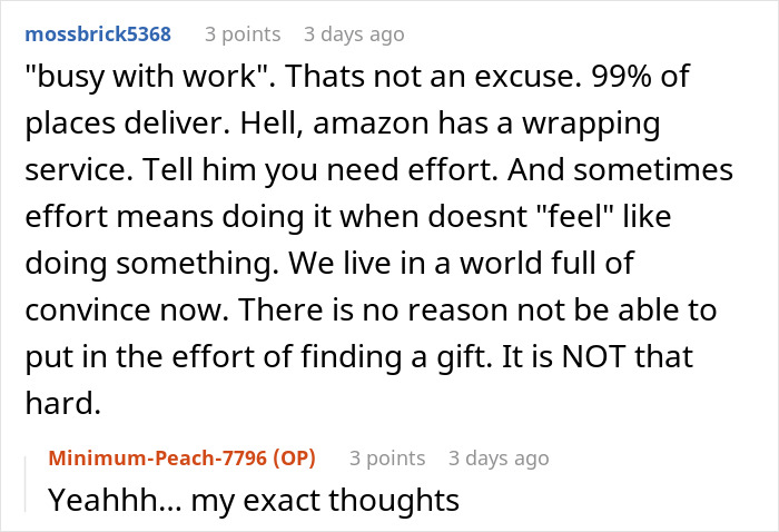 Alt text: Online discussion about a man failing to buy Christmas presents for his girlfriend and making excuses about the holiday timing. Alt text: Online discussion about a man failing to buy Christmas presents for his girlfriend and making excuses about the holiday timing.