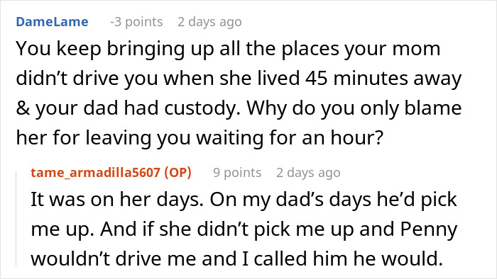 Text conversation showing a daughter explaining custody pick-up arrangements amid a divorce conflict with her mom. Text conversation showing a daughter explaining custody pick-up arrangements amid a divorce conflict with her mom.
