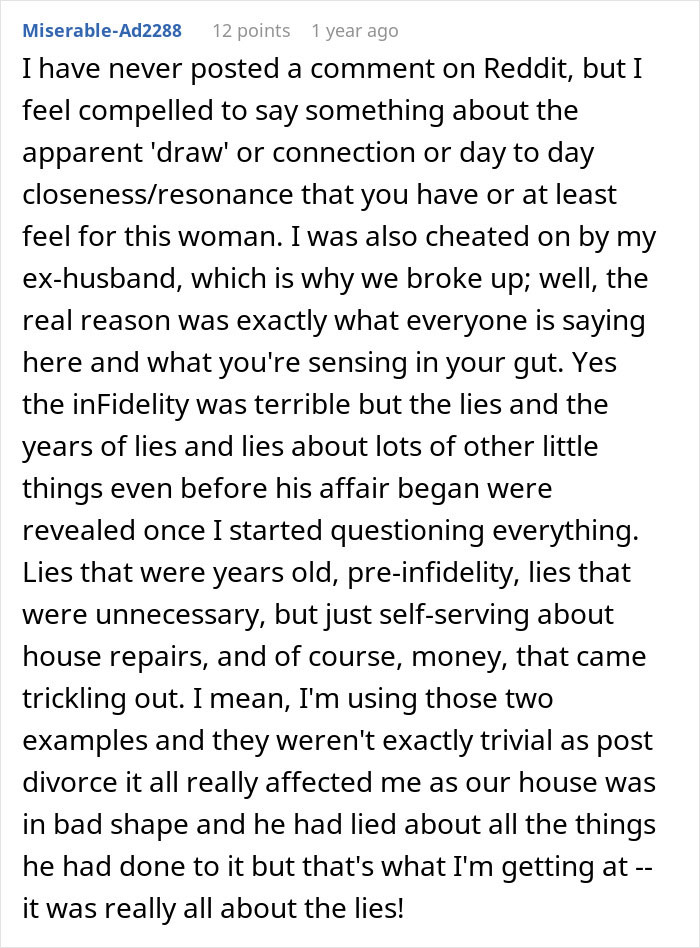 Reddit comment discussing infidelity, lies, and emotional impact of cheating in a troubled marriage after years of deception.