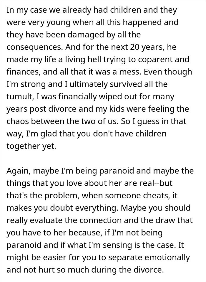 Man reads emotional message about wife’s cheating and the impact on family and finances years later.