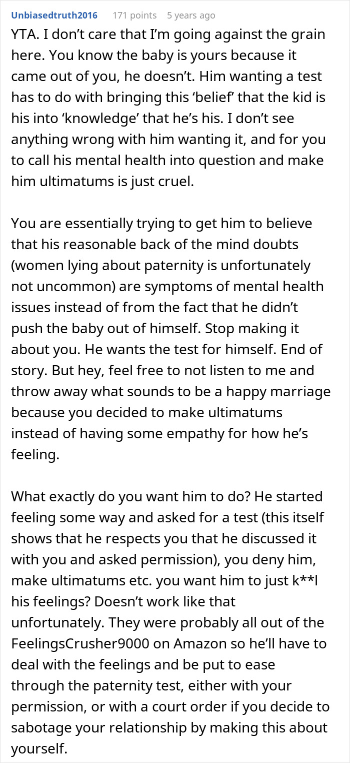 Comment discussing a man demanding a paternity test for his 3-year-old son and rejecting therapy suggestions. Comment discussing a man demanding a paternity test for his 3-year-old son and rejecting therapy suggestions.