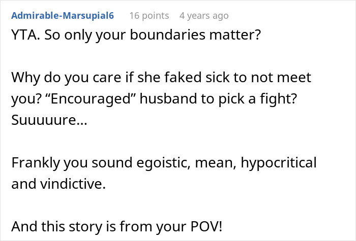 Comment criticizing boundaries and lying, highlighting conflict in ruining family relationship lying MIL discussion. Comment criticizing boundaries and lying, highlighting conflict in ruining family relationship lying MIL discussion.