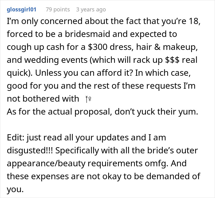 Comment discussing bridesmaid expenses and frustration over bridezilla&rsquo;s strict beauty requirements before wedding.