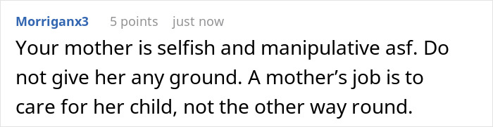 Screenshot of a Reddit comment discussing guilt trips and manipulation from a religious mom toward her adult son. Screenshot of a Reddit comment discussing guilt trips and manipulation from a religious mom toward her adult son.
