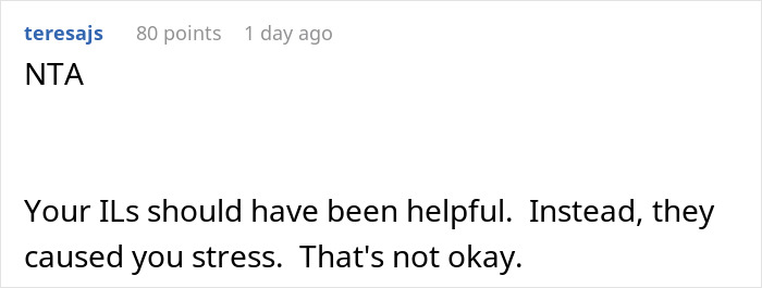 Comment explaining new mom kicks out husband in-laws for not helping with baby, highlighting the stress caused.