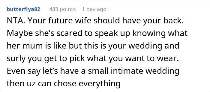 Comment on groom refusing marriage as mother dictates wedding attire, highlighting conflict and wedding attire choice.