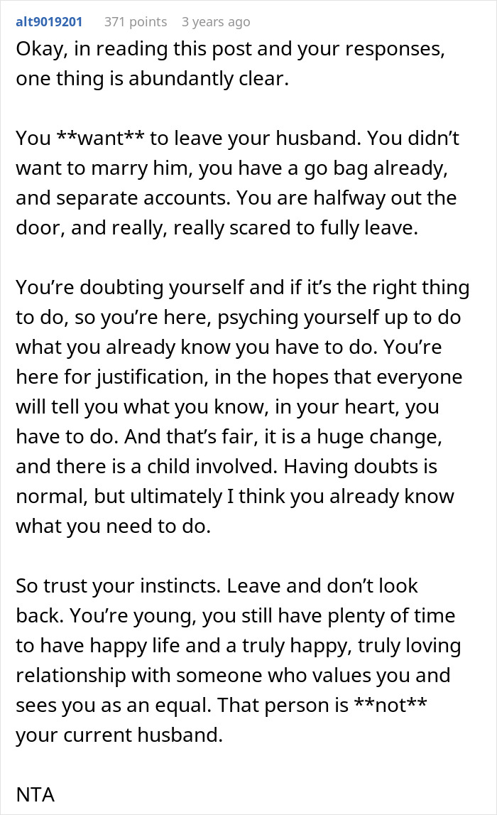Text post about a working wife doubting leaving her man-child husband who criticizes everything she does. Text post about a working wife doubting leaving her man-child husband who criticizes everything she does.