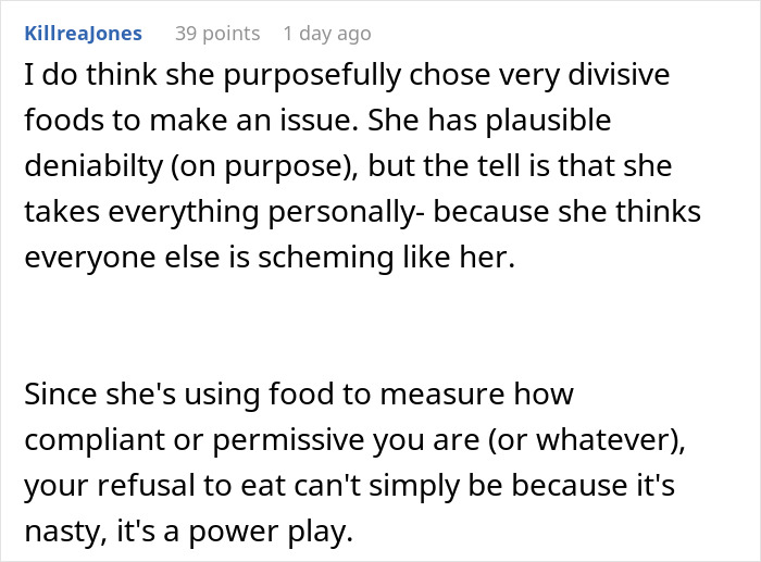 Comment explaining how expired food and refusal to eat relate to power dynamics in a pregnant woman’s pantry conflict. Comment explaining how expired food and refusal to eat relate to power dynamics in a pregnant woman’s pantry conflict.
