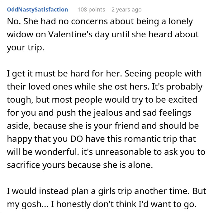 Screenshot of a Reddit comment discussing a woman demanding friend kicks husband out of romantic getaway. Screenshot of a Reddit comment discussing a woman demanding friend kicks husband out of romantic getaway.
