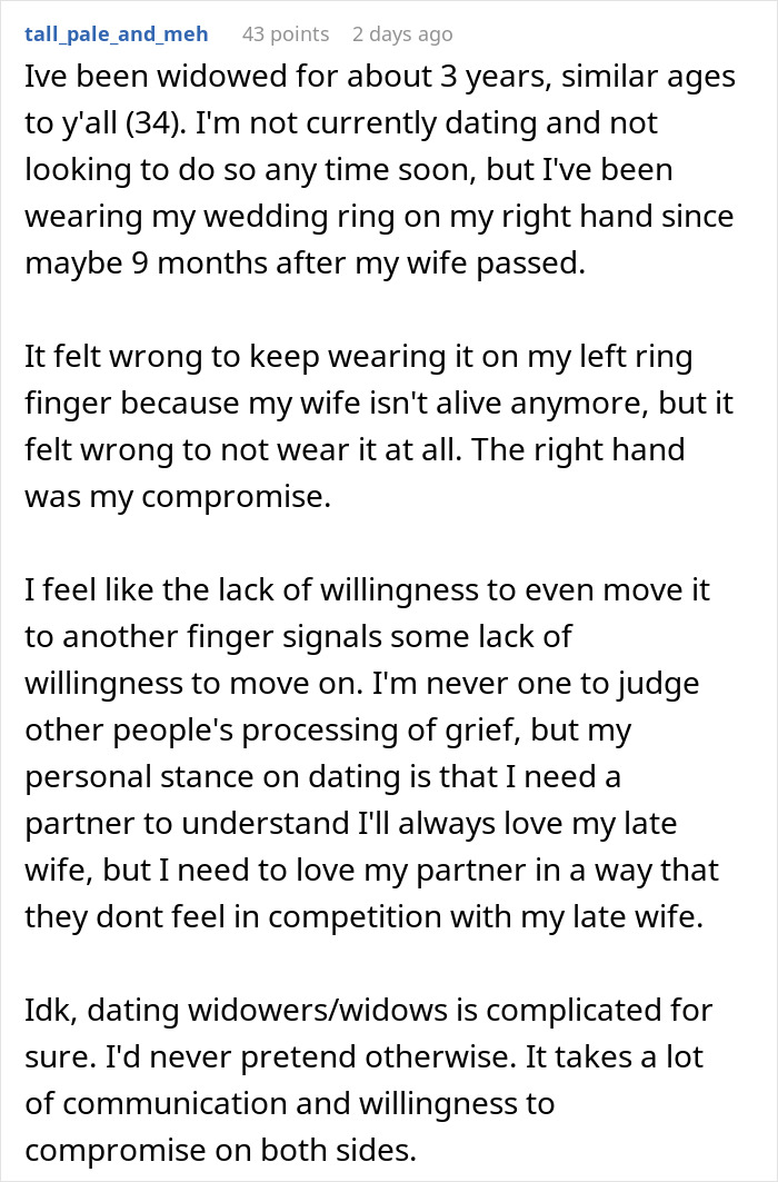 Widower boyfriend explains wearing wedding ring after loss and challenges faced in dating and moving on.