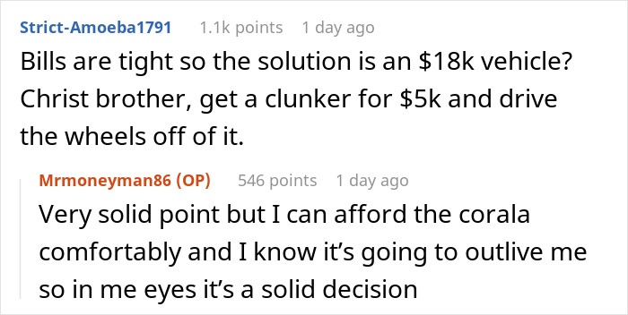 Reddit user discussion about teen&rsquo;s first car being a debt trap set by mom and loan repayment strategies.