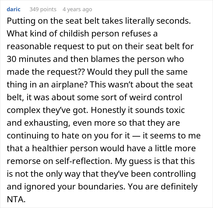 Woman refuses to drive until all friends buckle seat belts, causing tension and ruining the road trip experience.