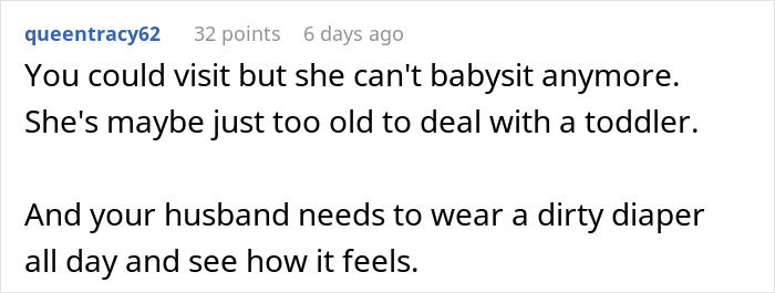 Comment discussing woman horrified MIL didn&rsquo;t change kid&rsquo;s diaper all day, leading to banning her from visiting.