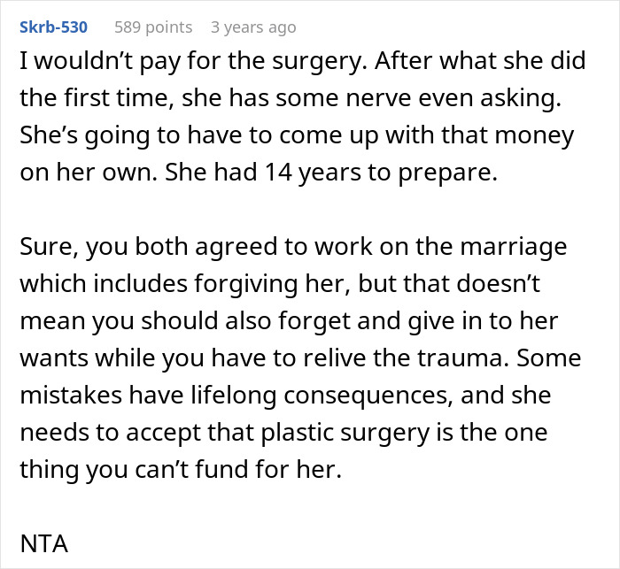 Text post discussing wife’s cosmetic upgrade, infidelity, and husband struggling with her requests for more surgery funds. Text post discussing wife’s cosmetic upgrade, infidelity, and husband struggling with her requests for more surgery funds.