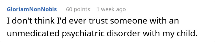Comment about trusting someone with bipolar disorder in co-parenting, highlighting worries about child's well-being. Comment about trusting someone with bipolar disorder in co-parenting, highlighting worries about child's well-being.