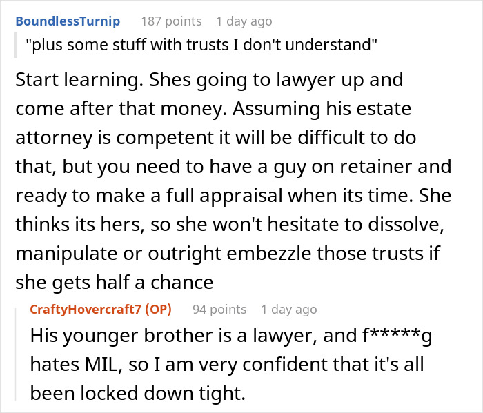 Reddit comments screenshot about trusts and inheritance, Greedy Mom reaction and family legal conflict. Reddit comments screenshot about trusts and inheritance, Greedy Mom reaction and family legal conflict.