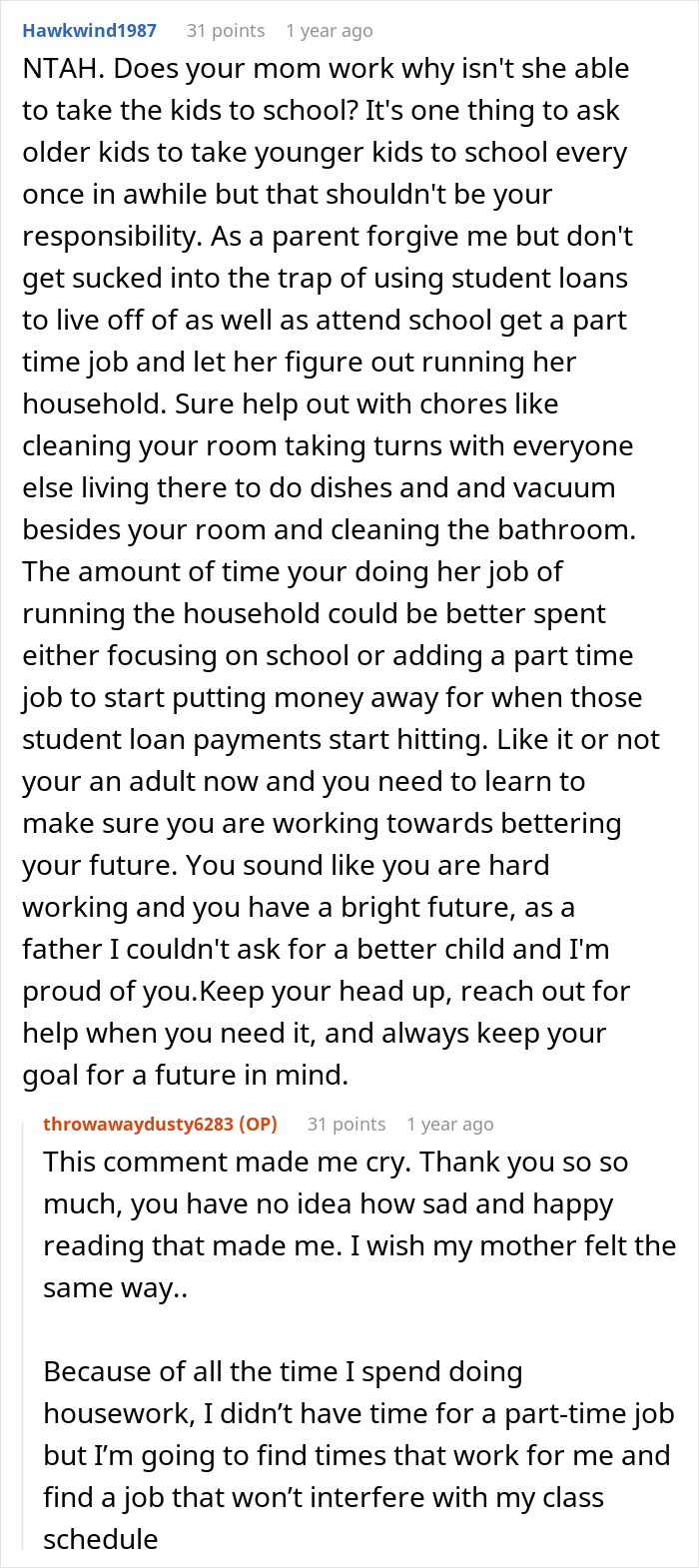 Reddit discussion about 20-year-old burnout managing chores with school and reaction to being called useless by mom Reddit discussion about 20-year-old burnout managing chores with school and reaction to being called useless by mom