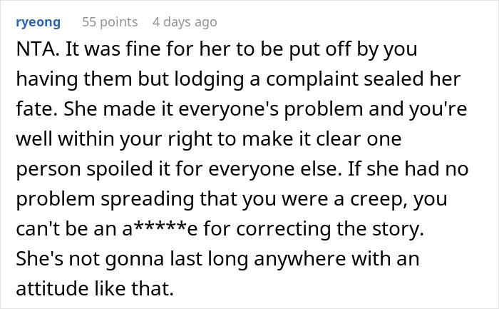 Reddit comment discussing a man labeled a creep and tensions after a coworker reported him to HR.