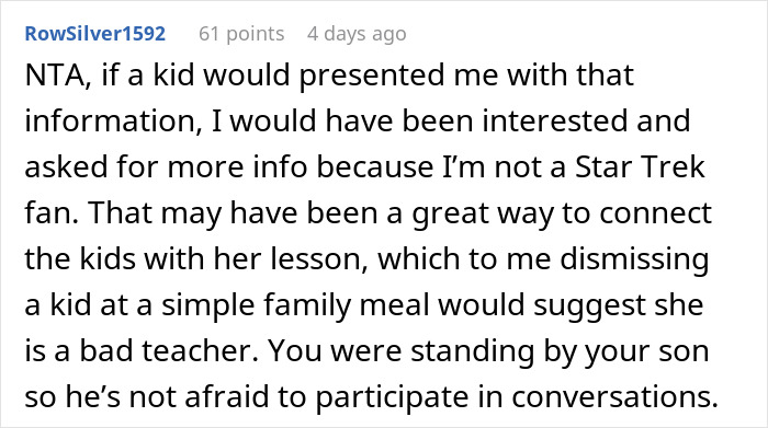 Comment explaining how a kid shared a fun fact with a teacher, and his dad supports the child&rsquo;s knowledge.
