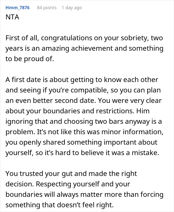 Text post from a forum discussing a recovering alcoholic setting boundaries on a second date planned around bars.