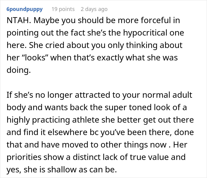 Alt text: Online comment discussing woman demanding swimmer boyfriend look like her friend’s partner and his response