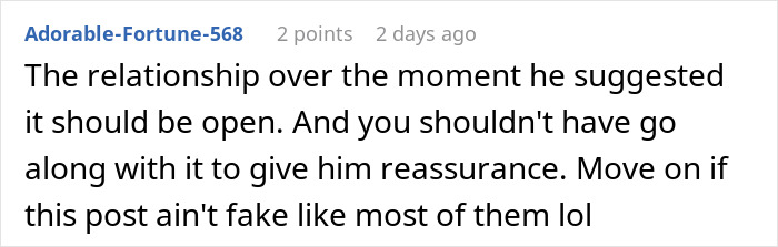 Screenshot of a forum comment discussing a man&rsquo;s plan to open relationship backfiring with younger coworker.