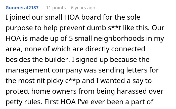 Comment discussing involvement in an HOA board to prevent harassment and power trips by HOA president.