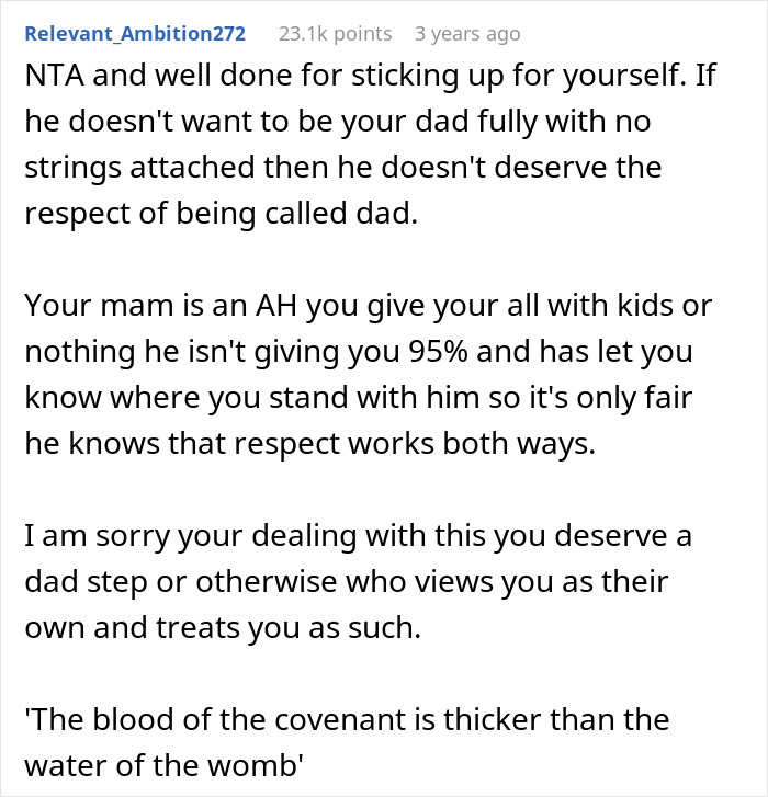 Comment from Reddit user explaining teen calls out stepdad for ignoring him while mom claims he’s 95% dad and to let it go.