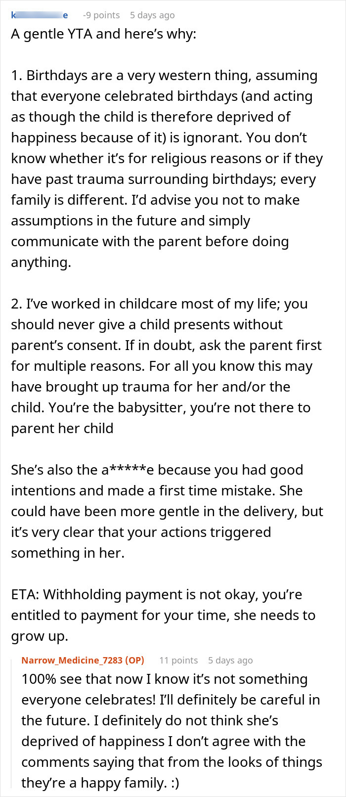 Screenshot of a discussion about a babysitter giving a birthday gift and the mother becoming furious.