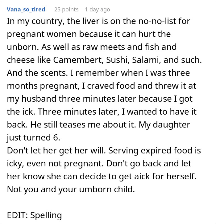 Comment discussing pregnancy food restrictions and warning against expired food in pantry for pregnant women.