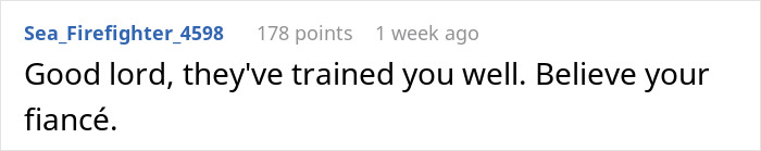 Screenshot of an online comment reacting to a golden child telling sister's fiancé he could do better, with parents watching. Screenshot of an online comment reacting to a golden child telling sister's fiancé he could do better, with parents watching.