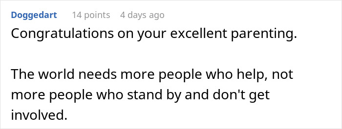 Screenshot of a comment praising parenting after dad takes son out to celebrate punching a bully, ex-wife disapproves. Screenshot of a comment praising parenting after dad takes son out to celebrate punching a bully, ex-wife disapproves.