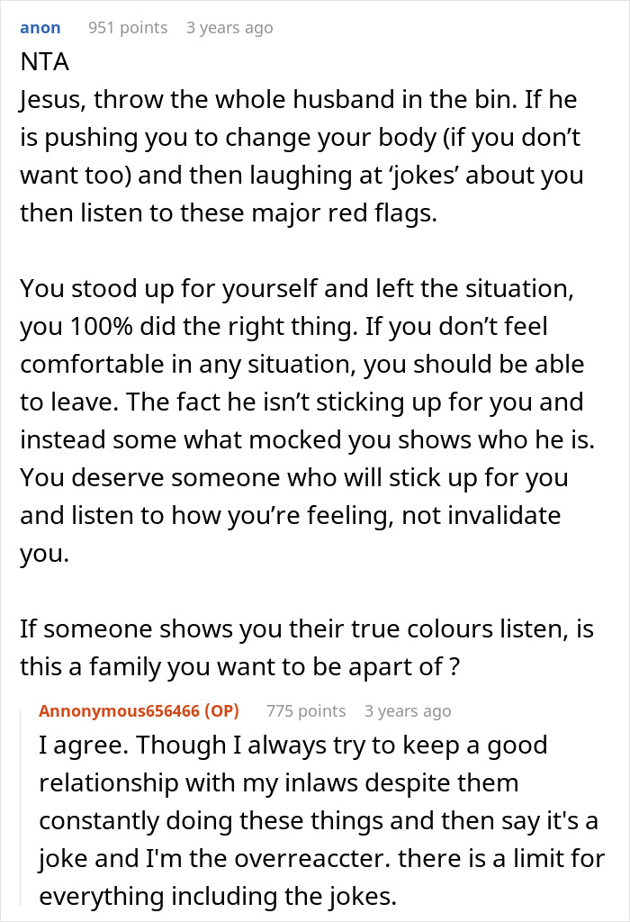 Screenshot of a Reddit discussion about a husband calling his daughter-in-law fat and the impact on their relationship. Screenshot of a Reddit discussion about a husband calling his daughter-in-law fat and the impact on their relationship.