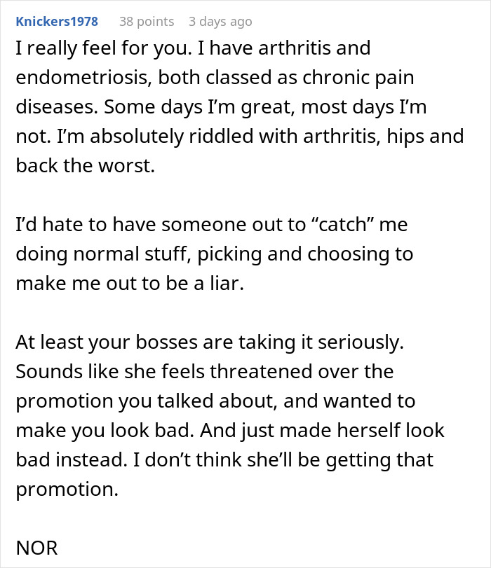 Comment discussing arthritis and chronic pain in response to a woman filming her coworker to prove disability claims.