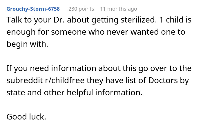 Reddit comment advising sterilization and childfree resources, highlighting mom regrets becoming a parent and feeling trapped Reddit comment advising sterilization and childfree resources, highlighting mom regrets becoming a parent and feeling trapped