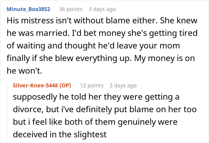 Text exchange revealing dad’s mistress and adult daughter uncover months-long affair, leaving mom devastated on NYE. Text exchange revealing dad’s mistress and adult daughter uncover months-long affair, leaving mom devastated on NYE.