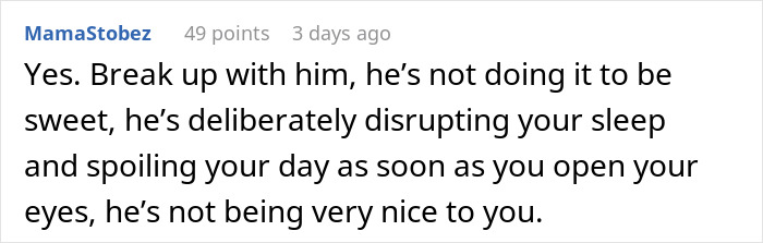 Screenshot of a comment criticizing man's lovey-dovey morning ritual for annoying his tired girlfriend and disrupting her sleep.