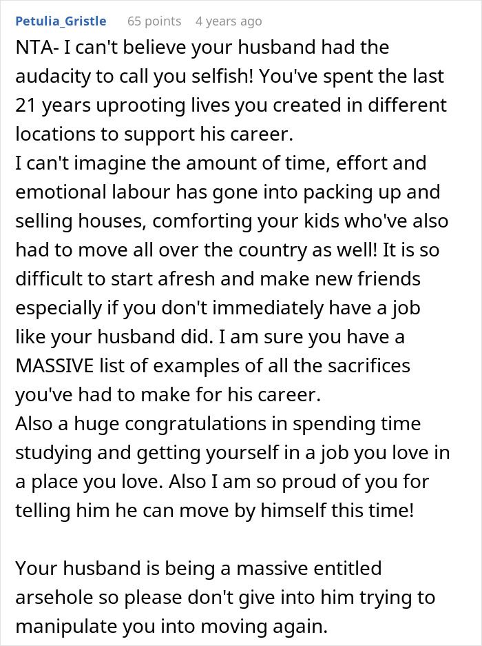 Comment discussing a woman refusing to move again after decades relocating for husband&rsquo;s career, highlighting sacrifices and resilience.