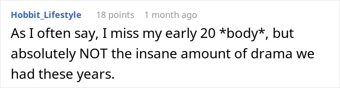 Comment on Reddit about missing early 20s body but not the drama, reflecting suspicion about cheating with roommate.