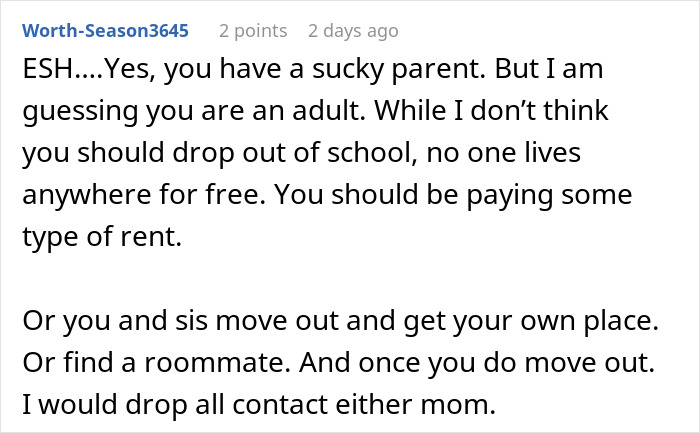 Reddit comment discussing a woman who hasn&rsquo;t worked since 2006 demanding her child drop out of college.