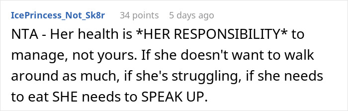 Comment about woman mad at friend for taking her on unexpected walking trip despite knowing she&rsquo;s diabetic in an online forum discussion.