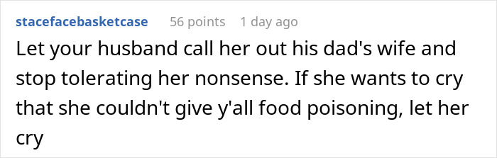 Comment about pregnant woman declining expired food from her pantry, causing tension with mother-in-law. Comment about pregnant woman declining expired food from her pantry, causing tension with mother-in-law.