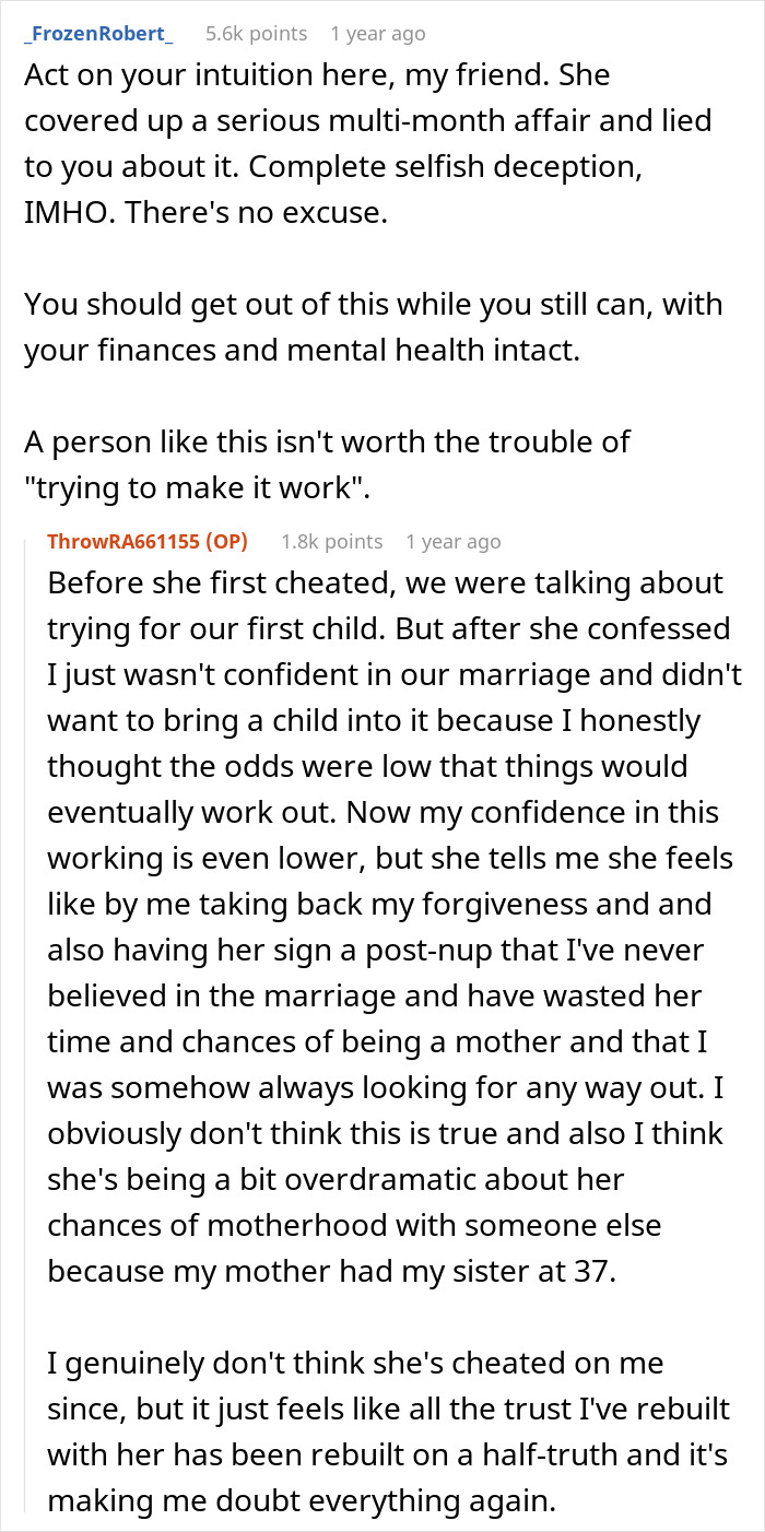 Reddit user discusses discovering his wife’s cheating involved a multi-month affair and the impact on their marriage and trust.