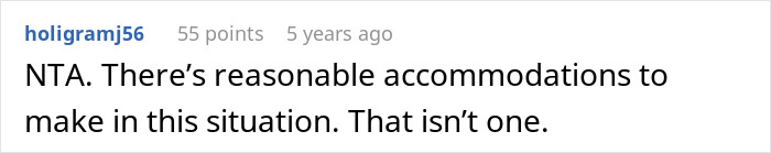 Screenshot of an online comment stating reasonable accommodations should be made, discussing cousin with cancer borrowing baby request. Screenshot of an online comment stating reasonable accommodations should be made, discussing cousin with cancer borrowing baby request.
