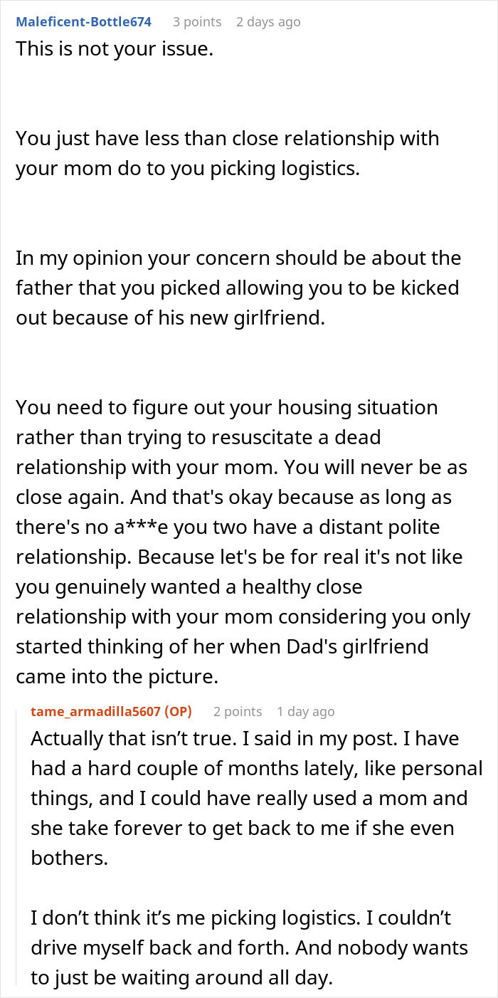 Online discussion about mom blaming daughter for picking dad in divorce, causing distant relationship and family conflicts. Online discussion about mom blaming daughter for picking dad in divorce, causing distant relationship and family conflicts.