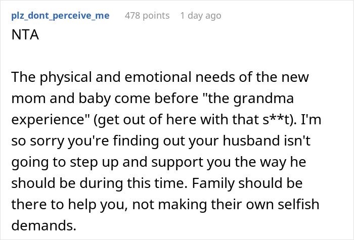 Comment about new mom prioritizing her and baby’s needs over husband’s in-laws who are not helping or supporting. Comment about new mom prioritizing her and baby’s needs over husband’s in-laws who are not helping or supporting.