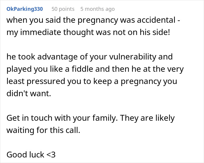 Comment warning about 25-year-old mom trapped by 52-year-old partner after pregnancy, urging her to seek family help. Comment warning about 25-year-old mom trapped by 52-year-old partner after pregnancy, urging her to seek family help.