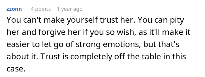 Comment discussing trust issues after a man finds out his wife’s cheating was more than one drunken night.